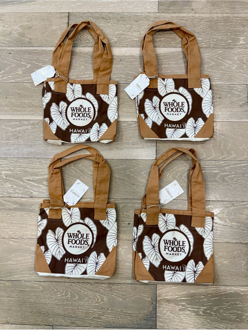 4 Whole Foods Hawaii Kalo Print Brown & White Leaf  Mini Tote Bag